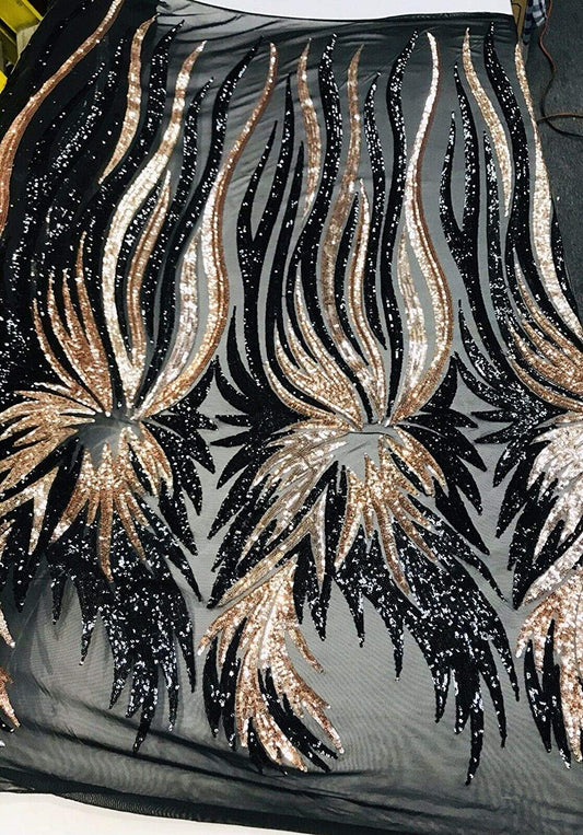 ROSE GOLD-BLACK ANGEL WINGS SEQUIN DESIGN ON A 4 WAY STRETCH MESH-BY YARD.