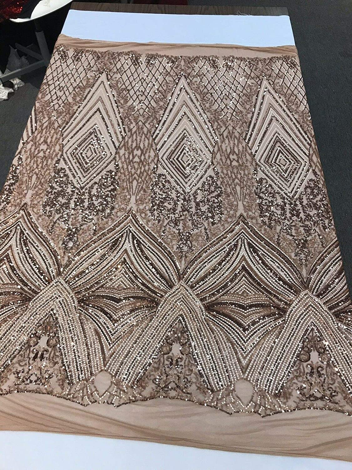 KHAKI-NUDE SEQUIN DIAMOND DESIGN EMBROIDERY ON A 4 WAY STRETCH MESH-SOLD BY