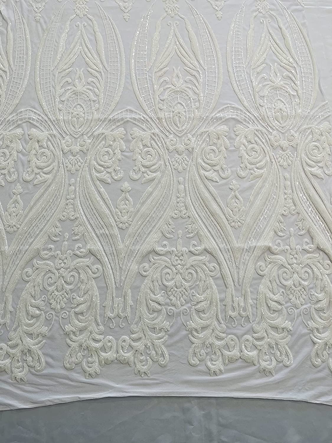 Empire Damask Design with Sequins Embroider On A 4 Way Stretch Mesh Fabric (1 Yard, White)