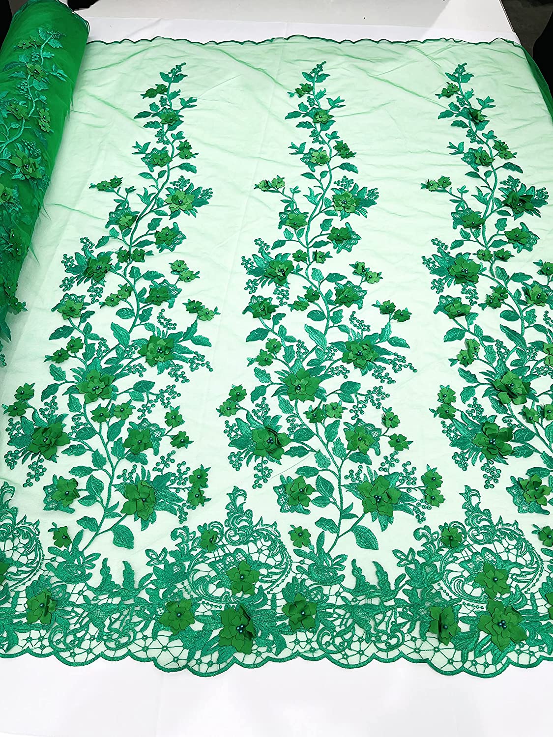 Emily 3-D Floral Design Embroider with Pearls On A Mesh Lace Fabric (1 Yard, Kelly Green)