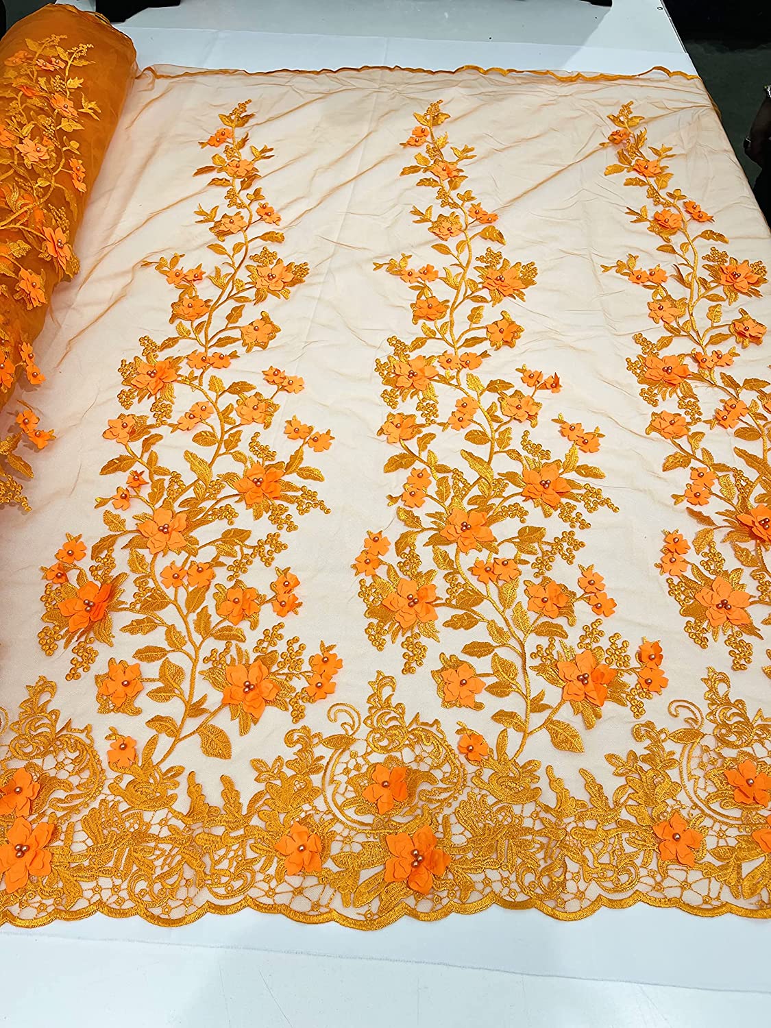 Emily 3-D Floral Design Embroider with Pearls On A Mesh Lace Fabric (1 Yard, Bright Orange)