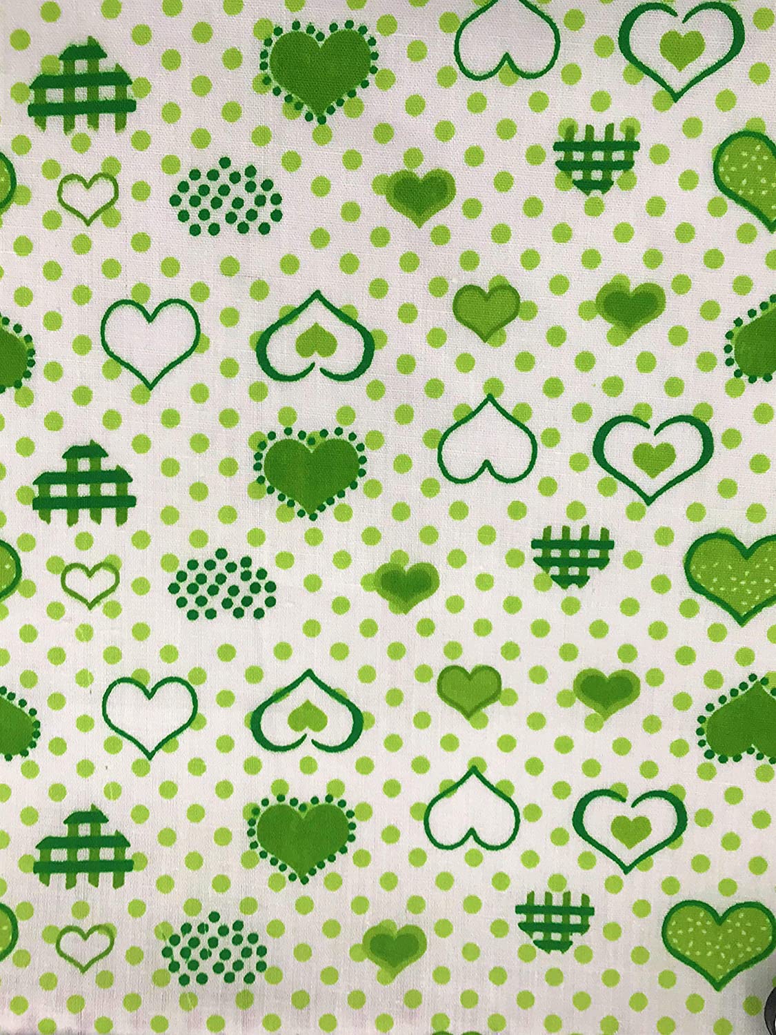 Heart Shapes and Dots Print Poly Cotton Fabric, Sells by The Yard, White/Green