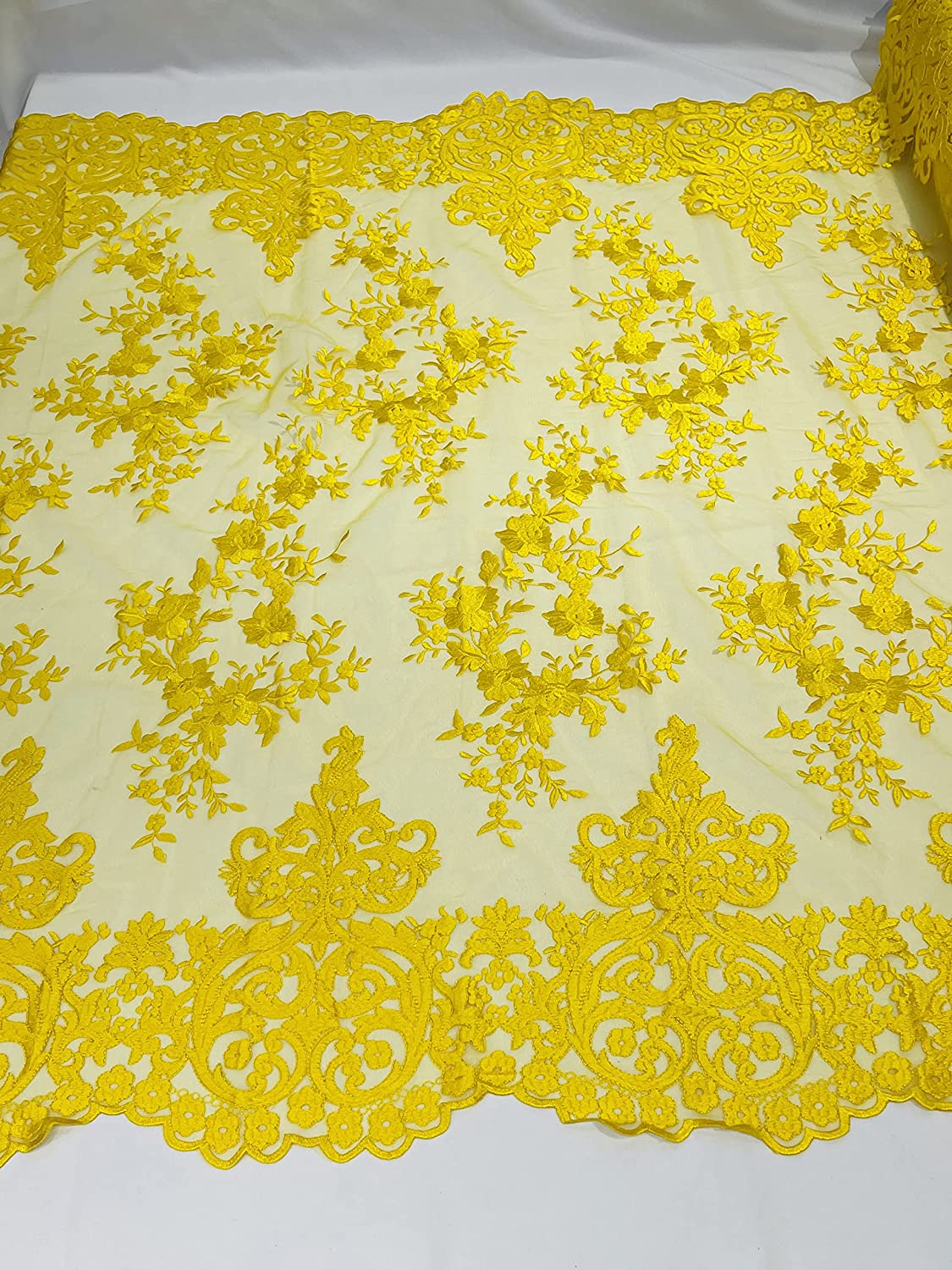 54" Wide Elegant Flower Damask Flat Lace Embroidery On A Mesh (1 Yard, Yellow)