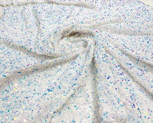 Shiny 5mm Sequin On A 2 Way Stretch Velvet (1 Yard, Clear Iridescent/White)