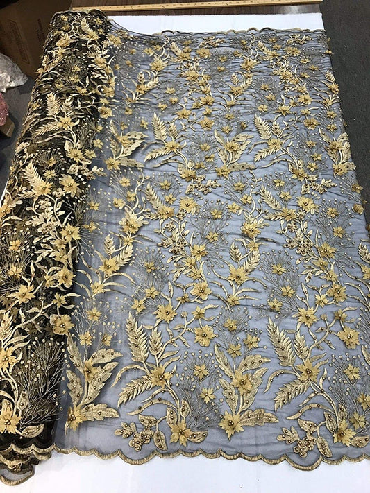 GOLD 3D FLORAL WITH VINE AND PEARLS ON A Compatible for BLACK MESH LACE-SOLD BY YARD.NEW DESIGN