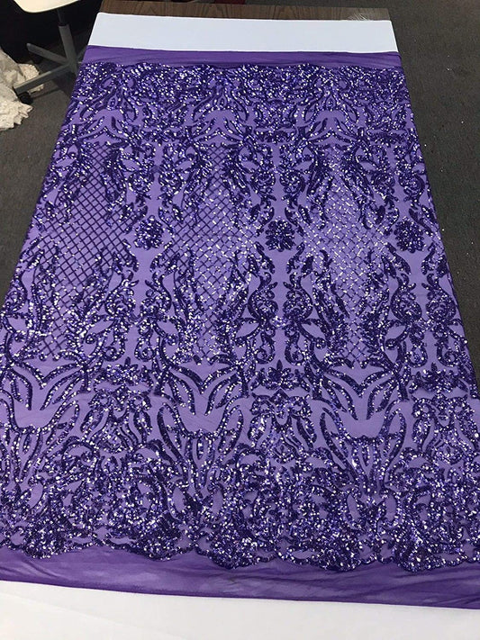 LAVENDER SHINY SEQUIN DAMASK DESIGN EMBROIDERY ON A 4 WAY STRETCH MESH-1 YARD.