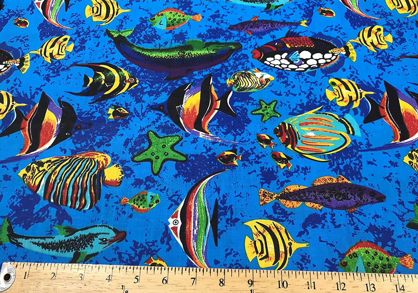 65% Polyester 35% Cotton Fabric, Fish Print, Good to Make Face Mask Covers. (Fishes on Royal Blue, 1 Yard)