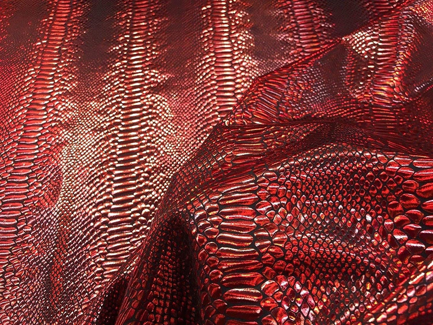 Iridescent Snake Skin Print On A Nylon 2 Way Stretch Spandex Fabric BY The Yard. (Red on Black)