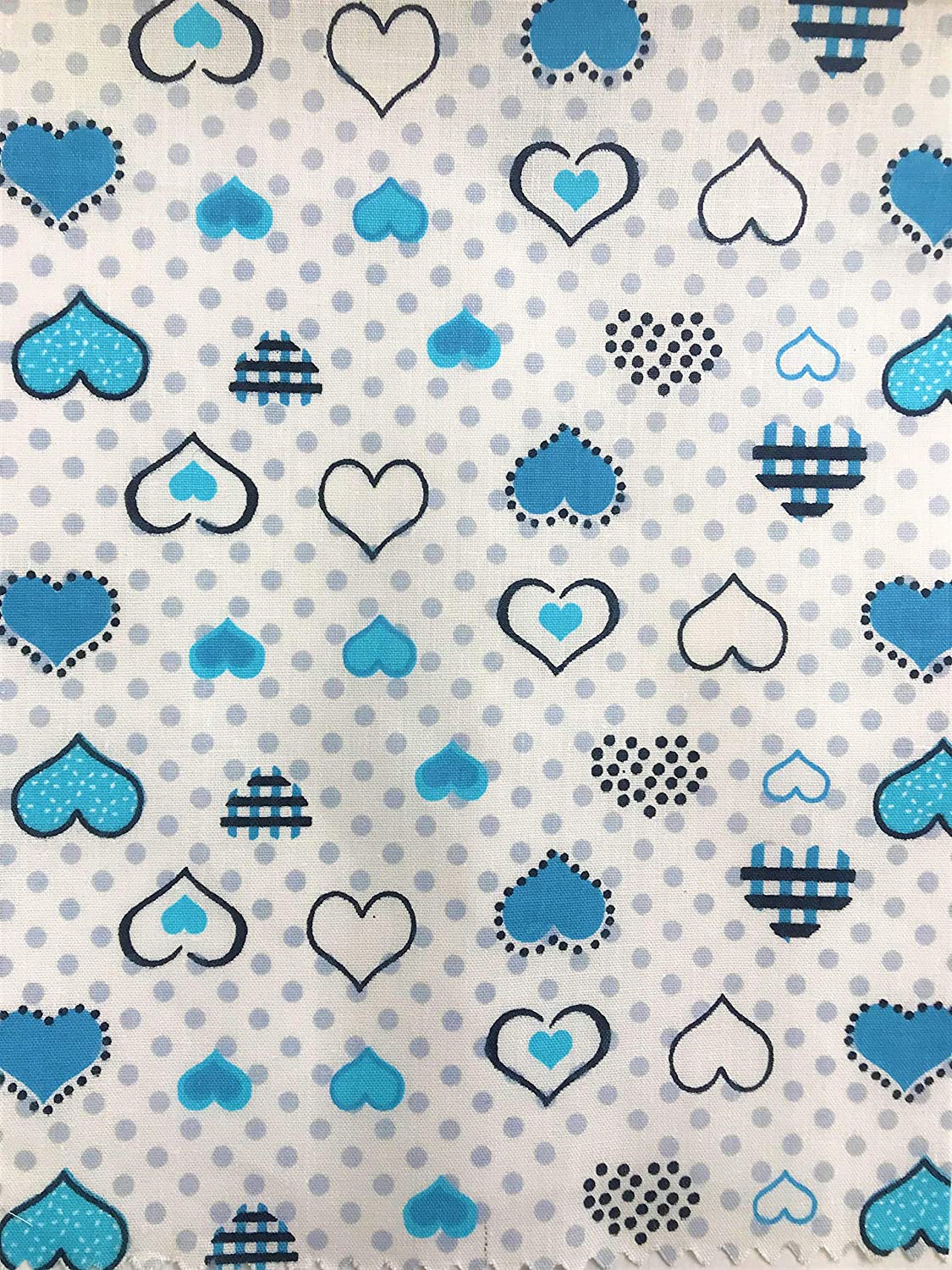Blue Hearts and Dots Poly Cotton Print Fabric by The Yard