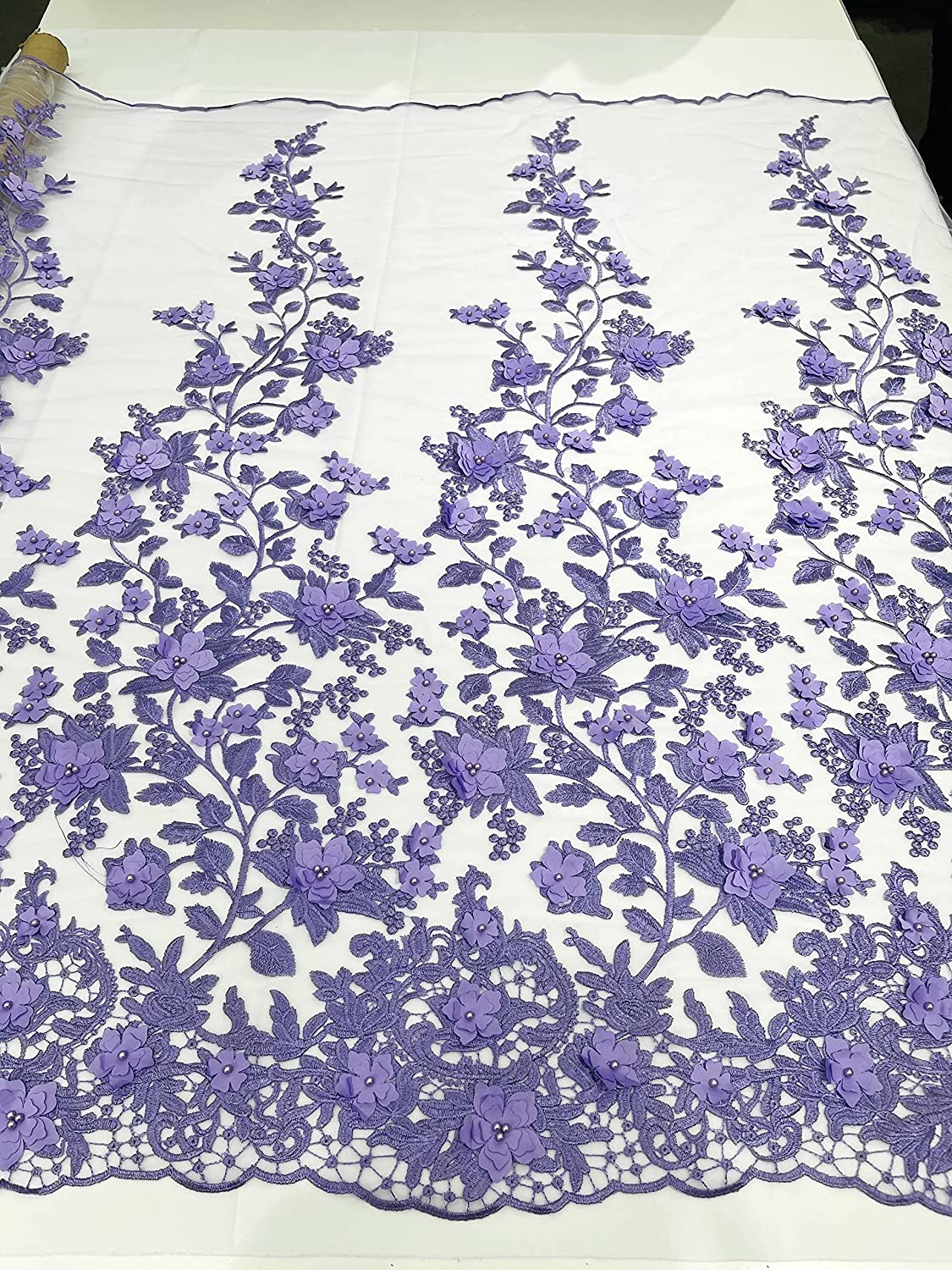Emily 3-D Floral Design Embroider with Pearls On A Mesh Lace Fabric (1 Yard, Lavender)