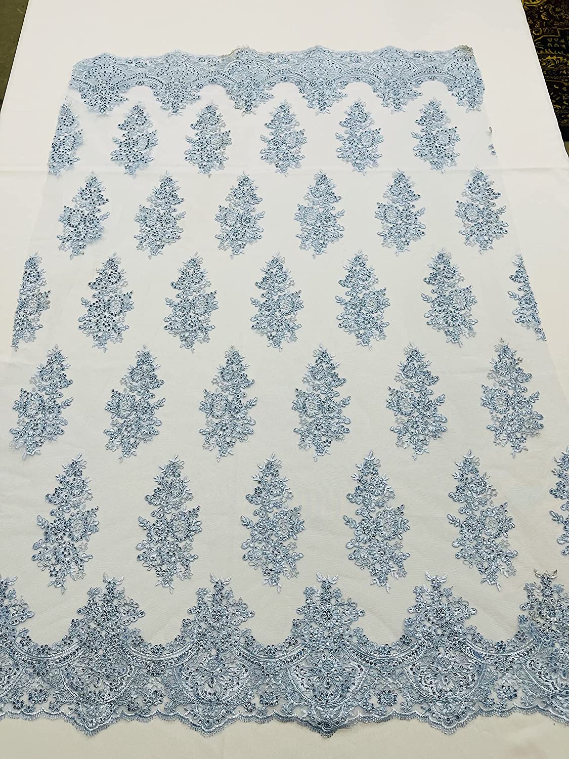 52/58" Wide Lexxi Embroidered with Clear Sequins On A Mesh Lace Fabric, Prom Fabric by The Yard (1 Yard, Light Blue)