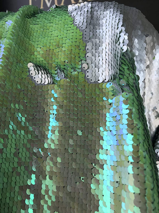 54" Wide Mermaid Flip Up Sequin Reversible Sparkly Fabric for Dress Clothing Making, Home Decor (Lime & Silver, by The Yard)