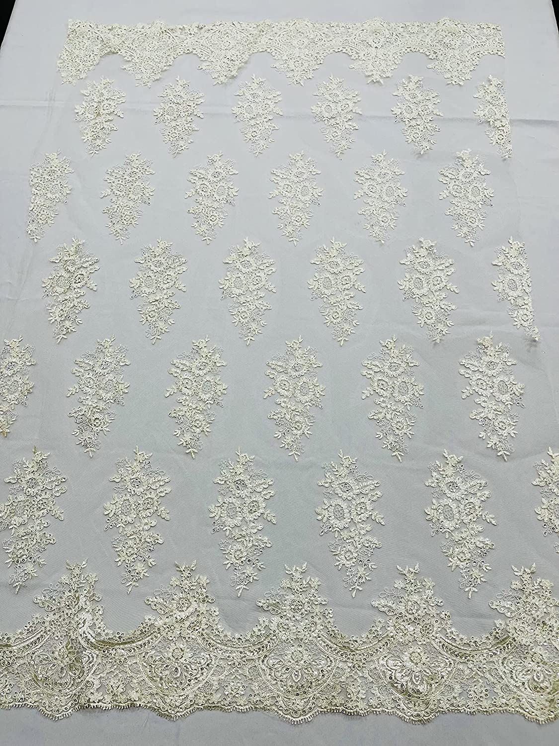 52/58" Wide Lexxi Embroidered with Clear Sequins On A Mesh Lace Fabric, Prom Fabric by The Yard (1 Yard, Ivory)
