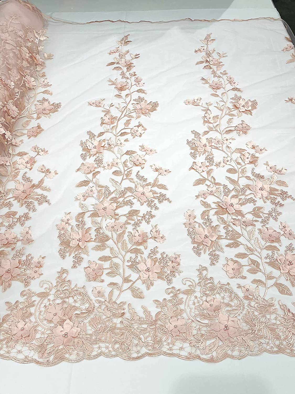 Emily 3-D Floral Design Embroider with Pearls On A Mesh Lace Fabric (1 Yard, Blush Pink)