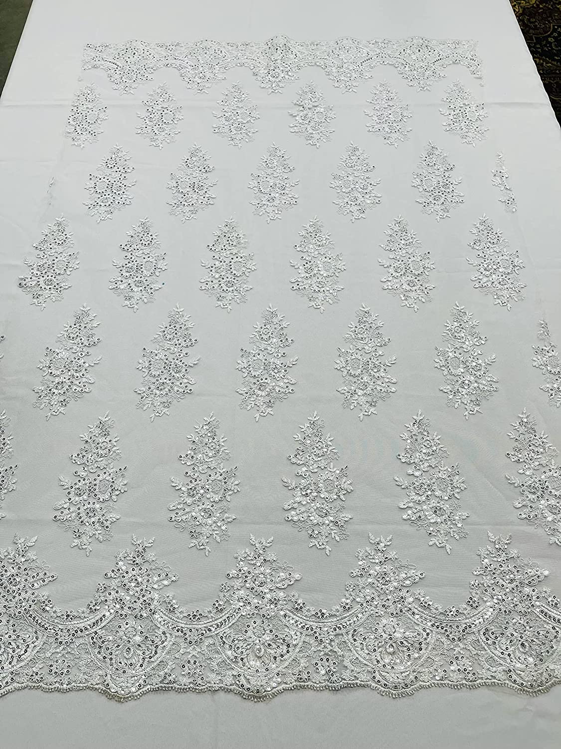 52/58" Wide Lexxi Embroidered with Clear Sequins On A Mesh Lace Fabric, Prom Fabric by The Yard (1 Yard, White / Silver)
