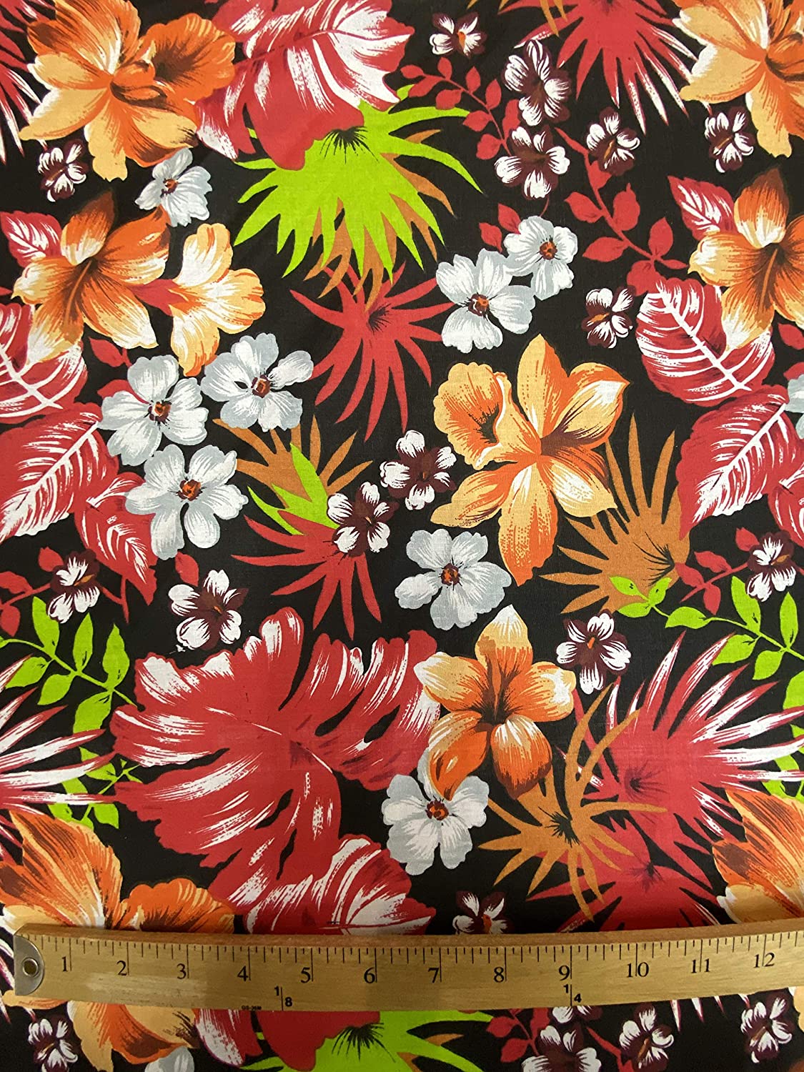 65% Polyester 35% Cotton Hawaiian Print Poly/Cotton Fabric, Good for Face Mask Covers (Red on Black, 1 Yard)