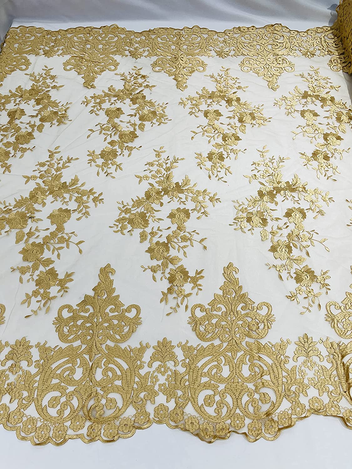 54" Wide Elegant Flower Damask Flat Lace Embroidery On A Mesh (1 Yard, Gold)