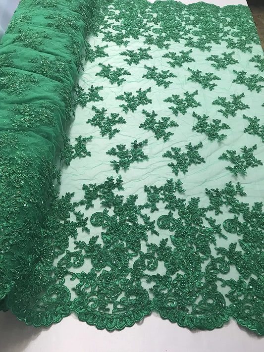 GREEN FASHION FLORAL DESIGN EMBROIDER WITH SEQUINS AND BEADS ON A MESH-YARD