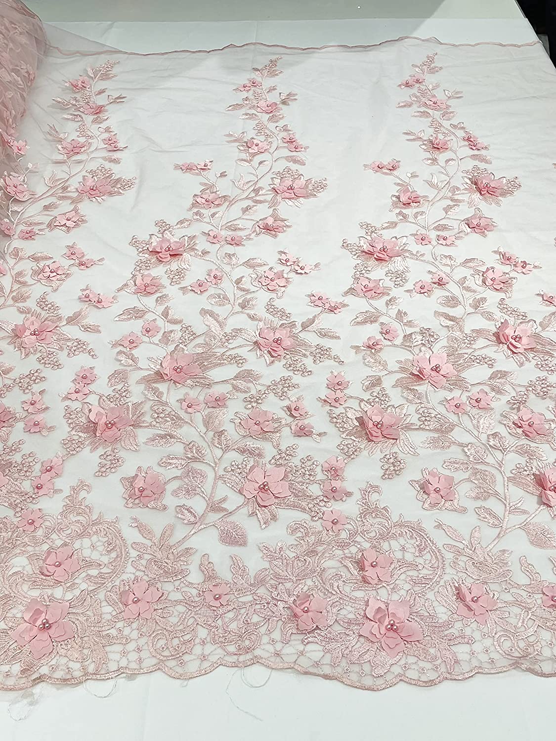 Emily 3-D Floral Design Embroider with Pearls On A Mesh Lace Fabric (1 Yard, Pink)