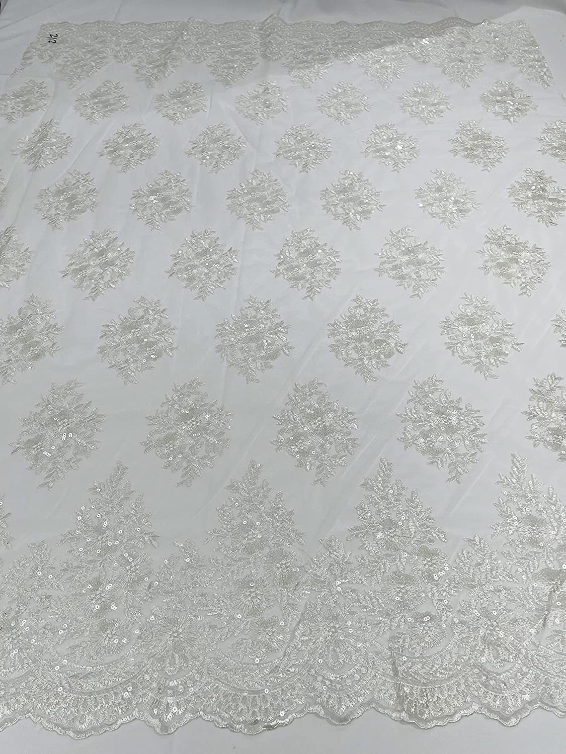 Emma Design Floral Corded Embroider with Sequins, Solid and with Glitter Mesh Lace Fabric (1 Yard, Solid Mesh Off White)