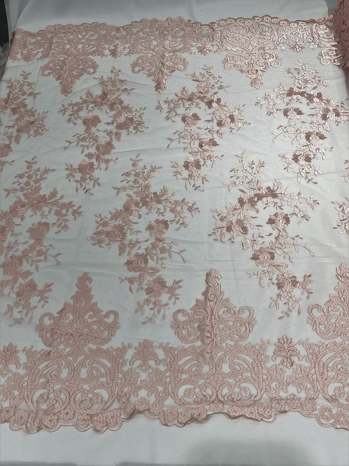 54" Wide Elegant Flower Damask Flat Lace Embroidery On A Mesh (1 Yard, Blush Pink)