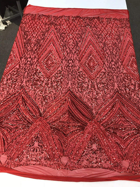 RED SEQUIN DIAMOND DESIGN EMBROIDERY ON A 4 WAY STRETCH MESH-SOLD BY YARD.