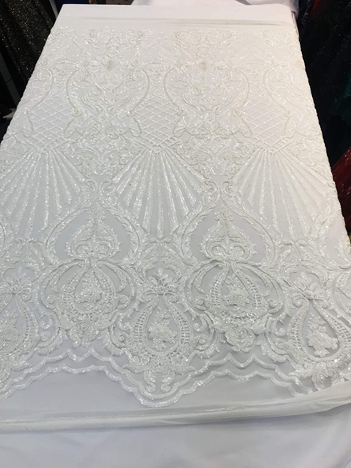 Damask Sequins Design on a 4 Way Stretch Mesh Fabric - for Night Gowns - Prom Dresses - (White on White, 1 Yard)