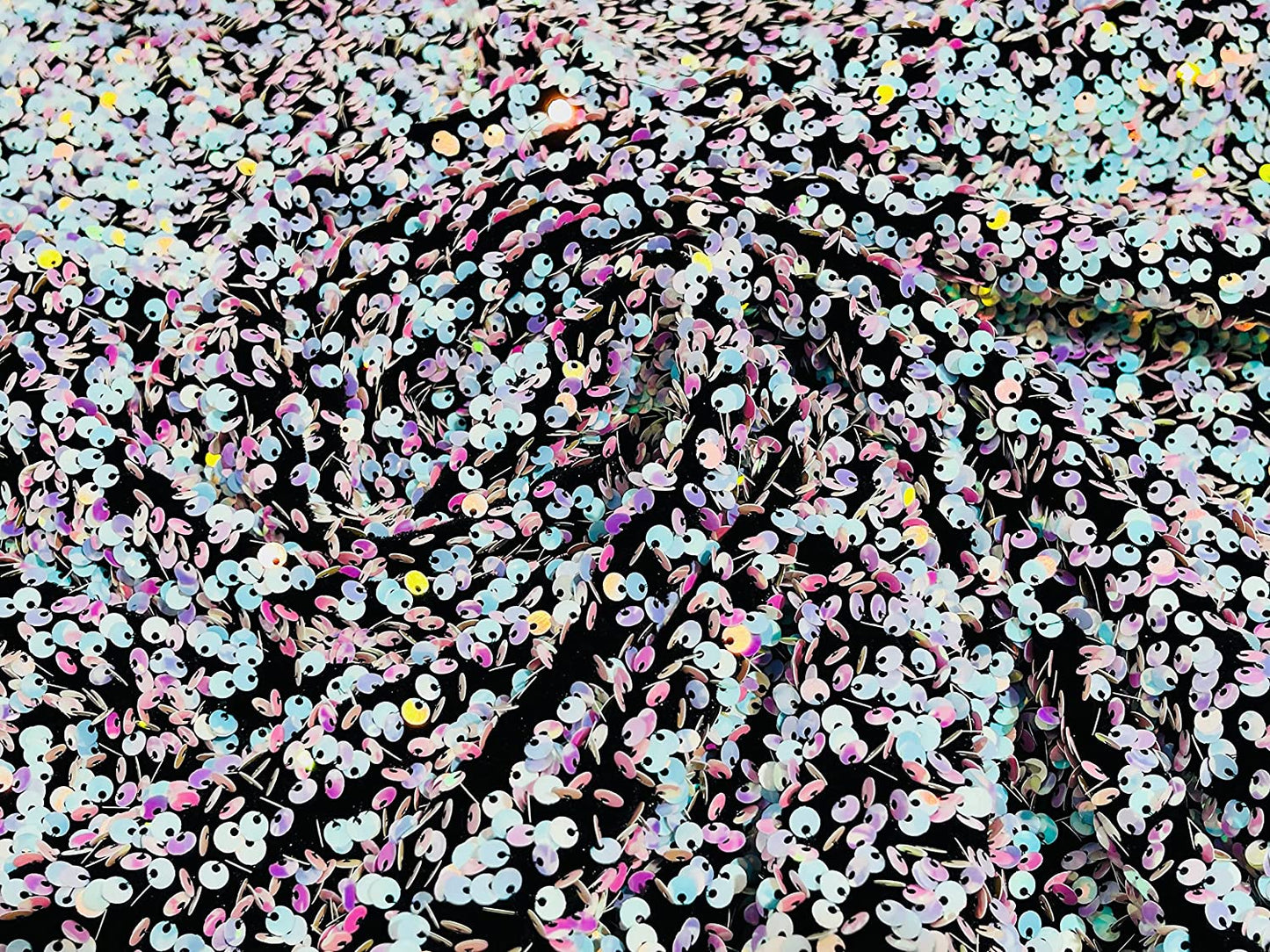 Shiny 5mm Sequin On A 2 Way Stretch Velvet (1 Yard, Aqua Pink Iridescent/Black)