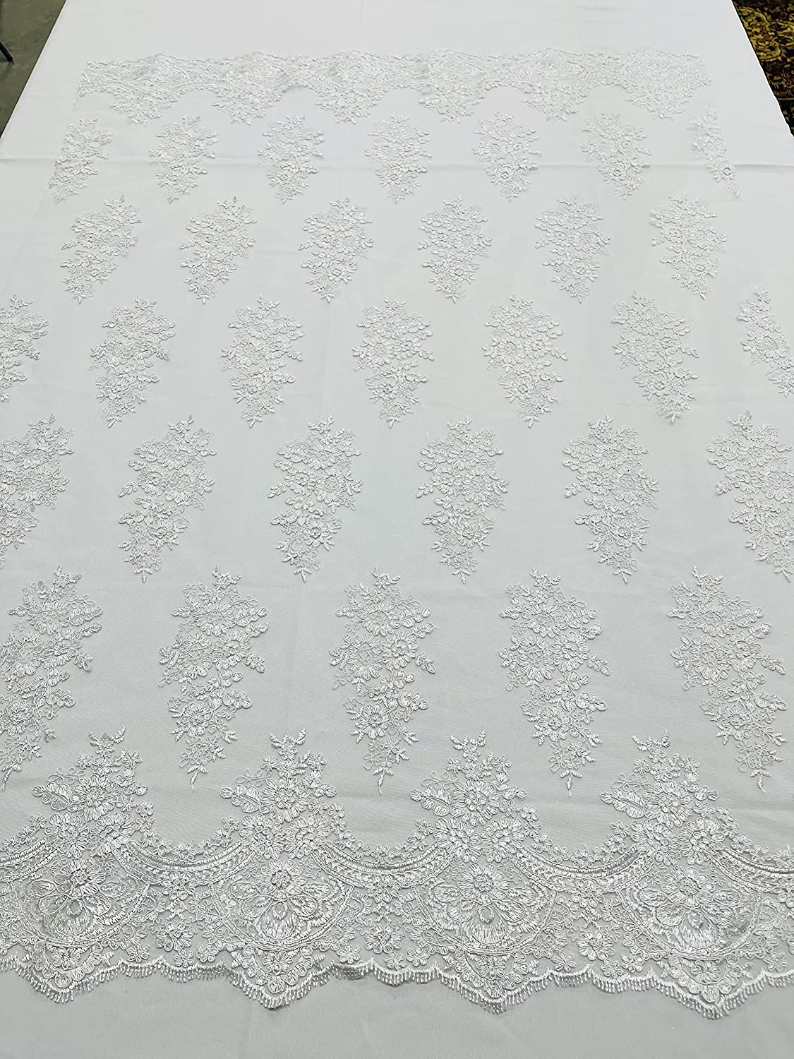 52/58" Wide Lexxi Embroidered with Clear Sequins On A Mesh Lace Fabric, Prom Fabric by The Yard (1 Yard, White)