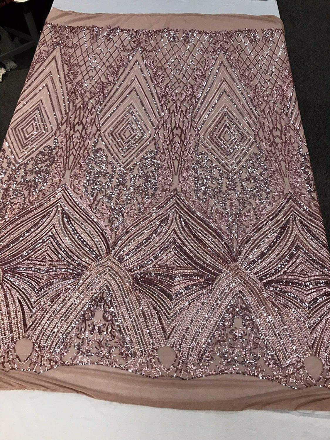 DUSTY ROSE SEQUIN DIAMOND DESIGN EMBROIDERY ON A 4 WAY STRETCH MESH-SOLD BY YARD