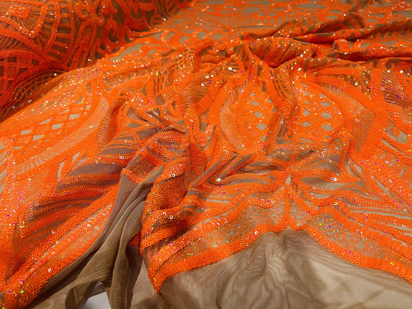 Iridescent Royalty Design On A 4 Way Stretch Mesh/Prom Fabric (1 Yard, Orange on Nude Mesh)