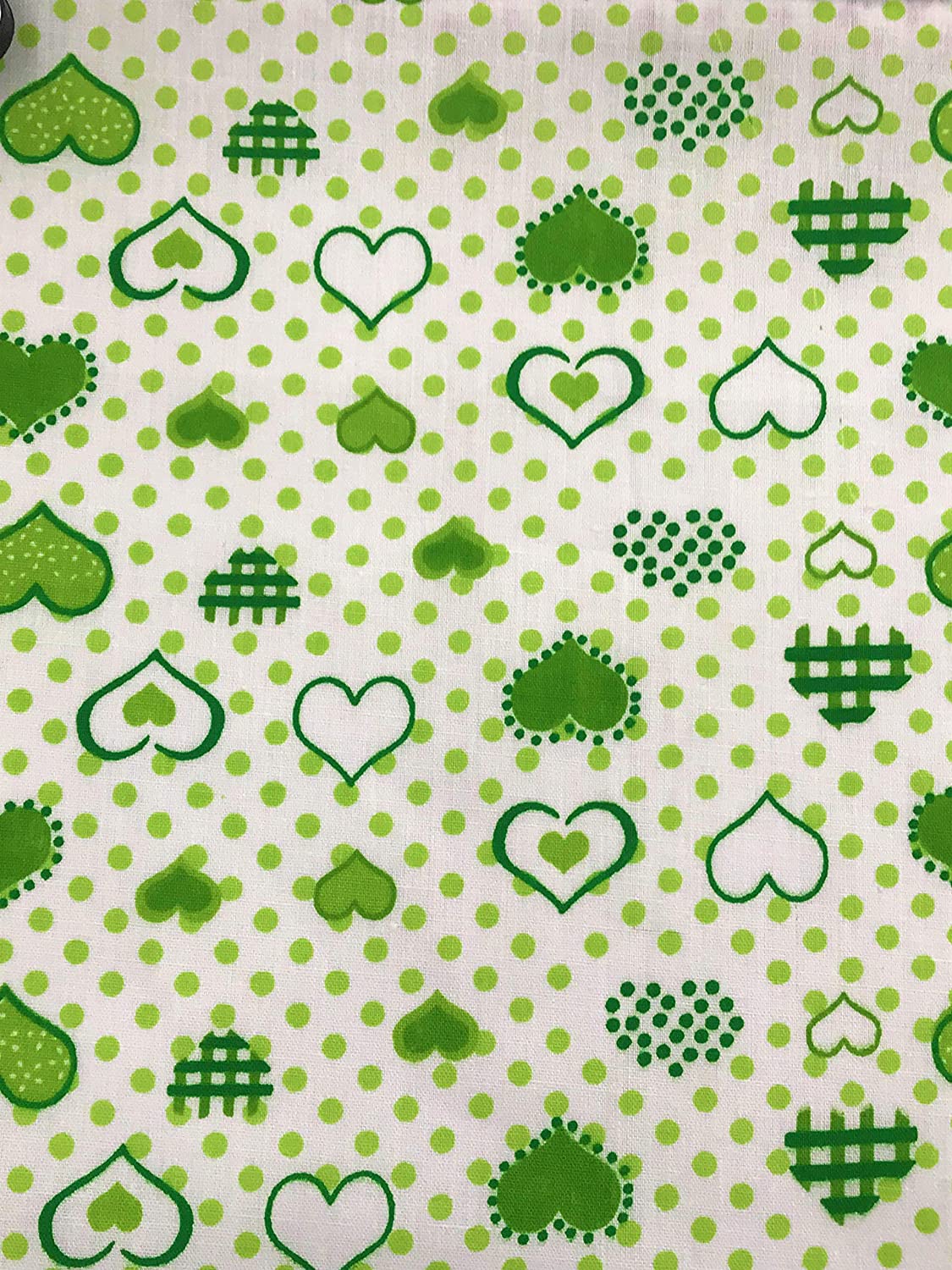 Green Hearts and Dots Poly Cotton Print Fabric by The Yard