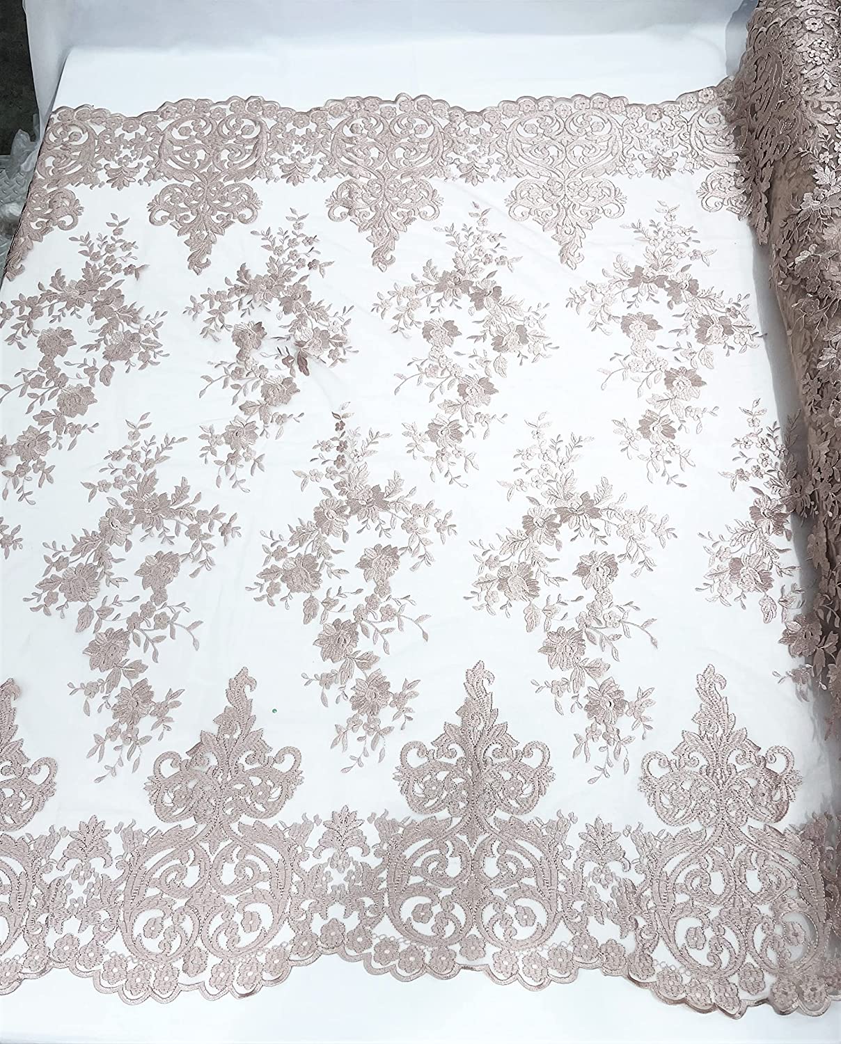 54" Wide Elegant Flower Damask Flat Lace Embroidery On A Mesh (1 Yard, Champagne)