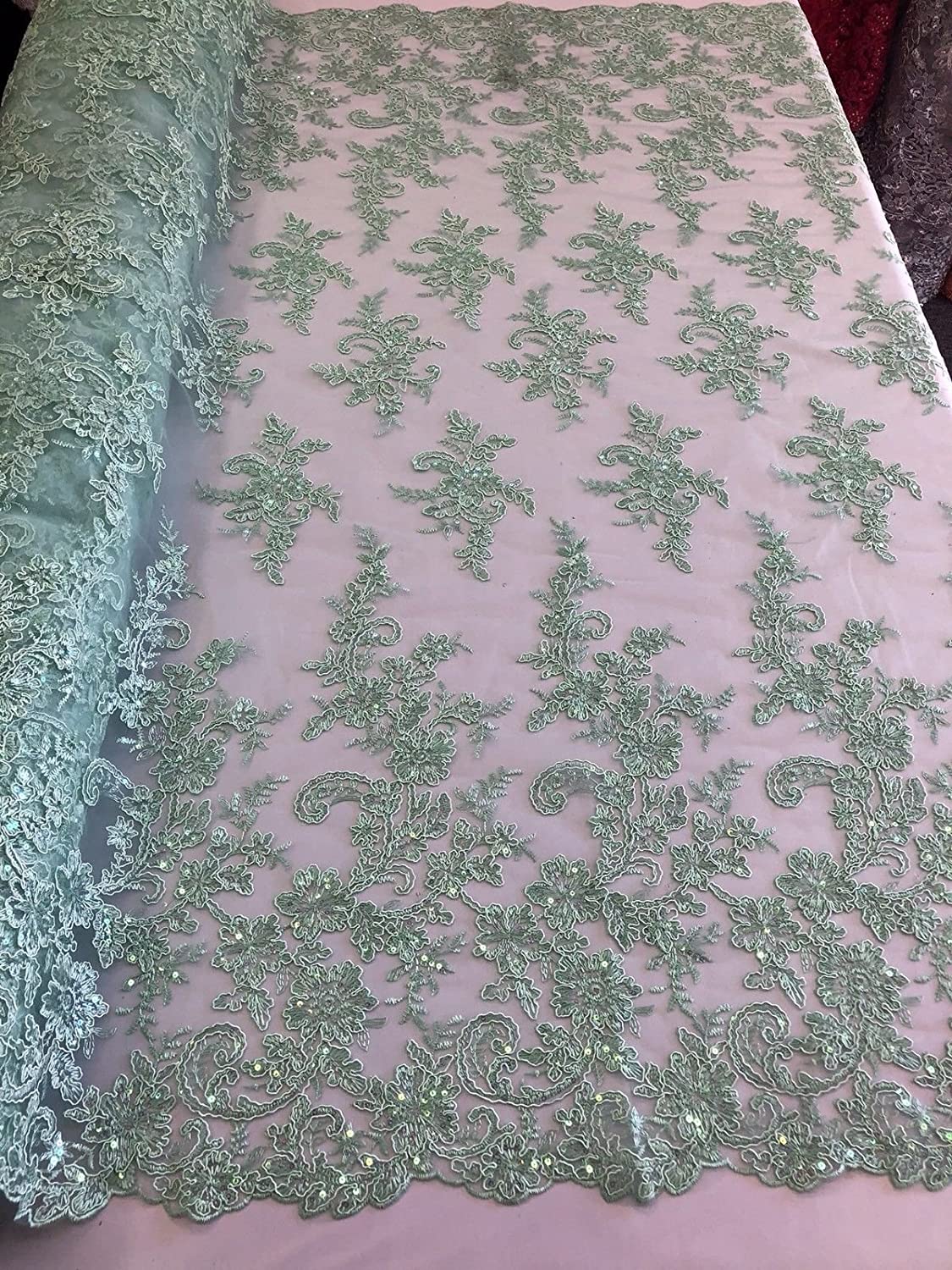SAGE FLORAL DESIGN EMBROIDERY WITH IRIDESCENT SEQUIN ON A MESH-SOLD BY YARD