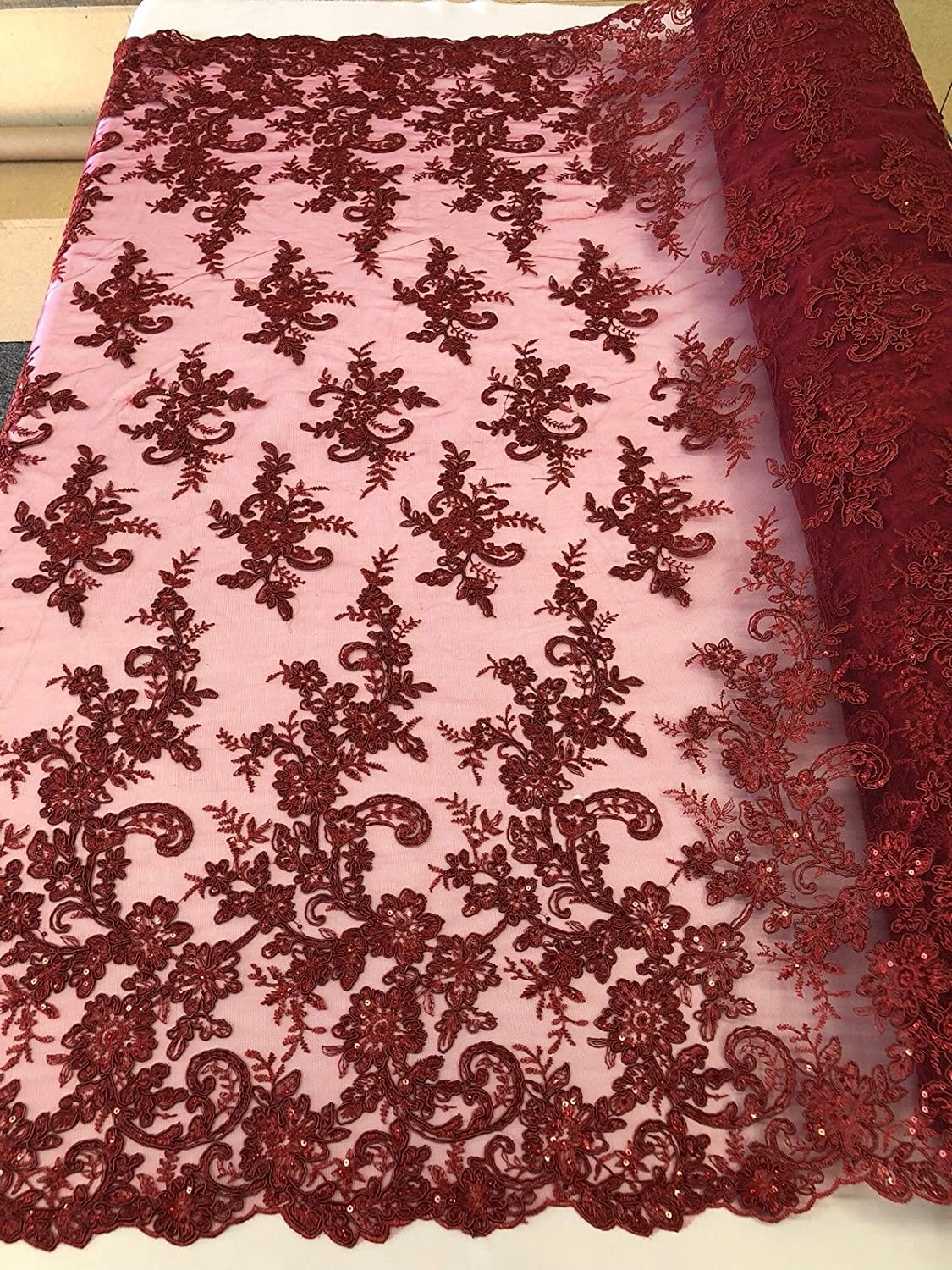 BURGUNDY FLORAL DESIGN EMBROIDERY WITH SHINY SEQUINS ON A MESH-SOLD BY YARD