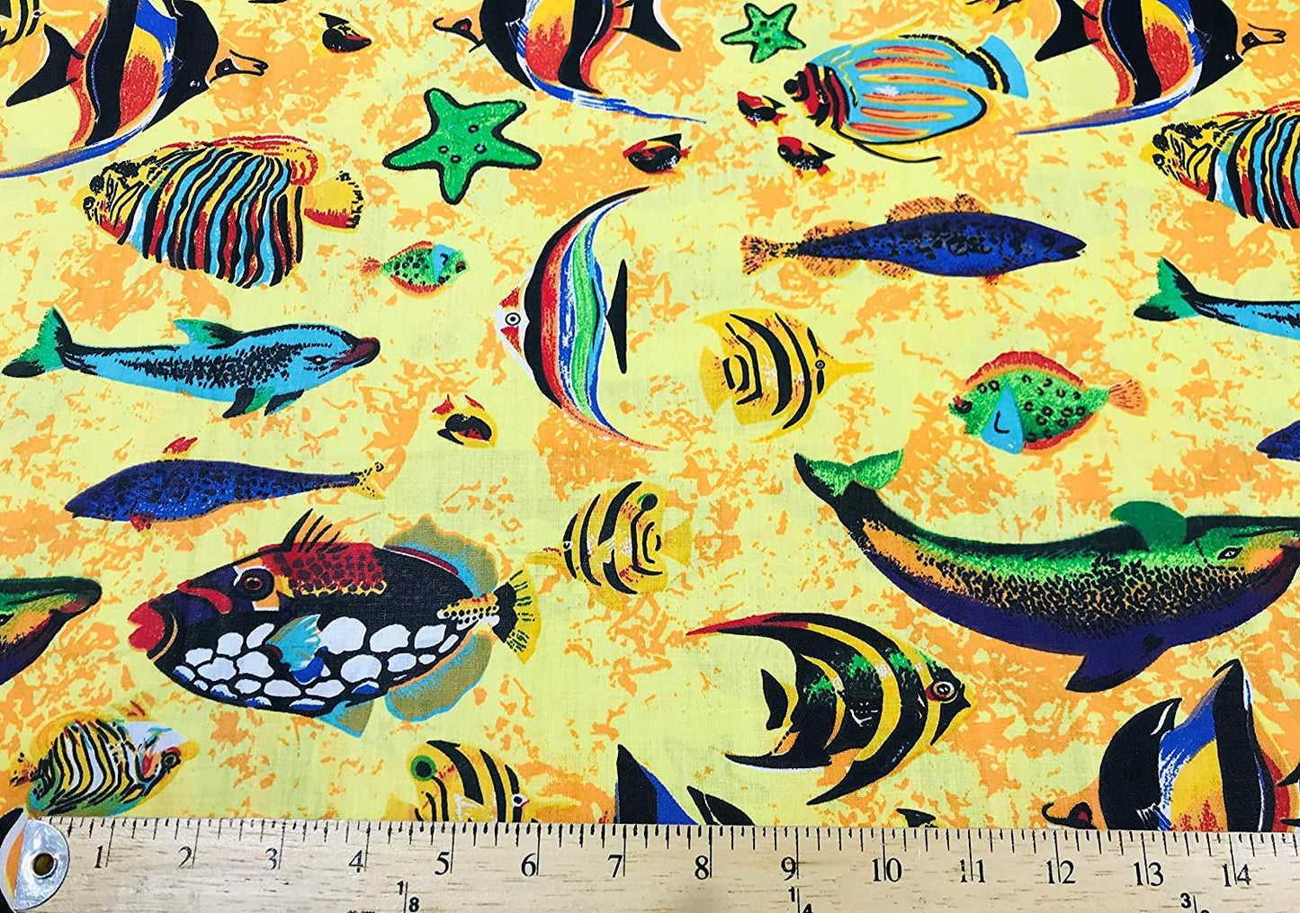 65% Polyester 35% Cotton Fabric, Fish Print, Good to Make Face Mask Covers. (Fishes on Yellow, 1 Yard)