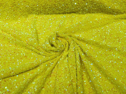 Shiny 5mm Sequin On A 2 Way Stretch Velvet (1 Yard, Clear Iridescent/Yellow)