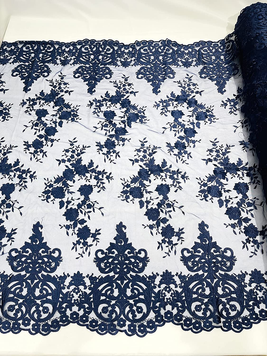 54" Wide Elegant Flower Damask Flat Lace Embroidery On A Mesh (1 Yard, Navy Blue)