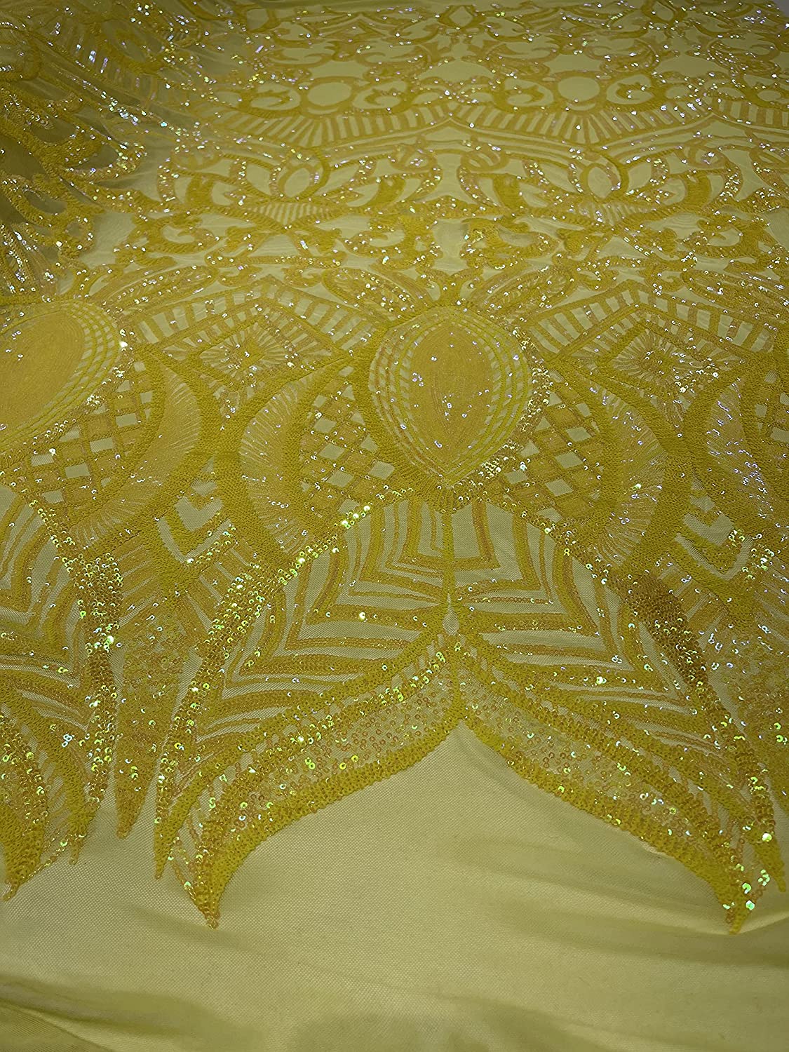 Iridescent Royalty Design On A 4 Way Stretch Mesh/Prom Fabric (1 Yard, Yellow Iridescent on Yellow Mesh)