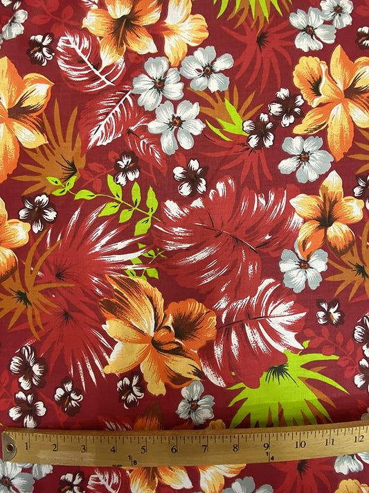 65% Polyester 35% Cotton Hawaiian Print Poly/Cotton Fabric, Good for Face Mask Covers (Red on Red, 1 Yard)