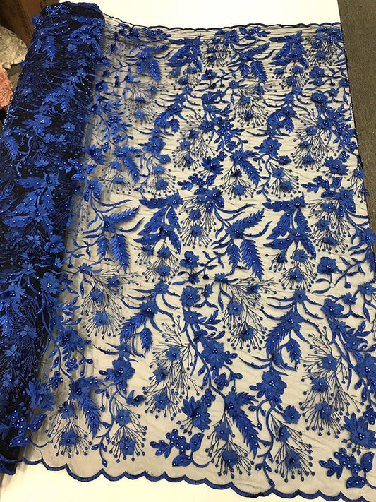 ROYAL BLUE 3D FLORAL WITH VINES AND PEARLS ON A Compatible for BLACK MESH LACE-SOLD BY YARD