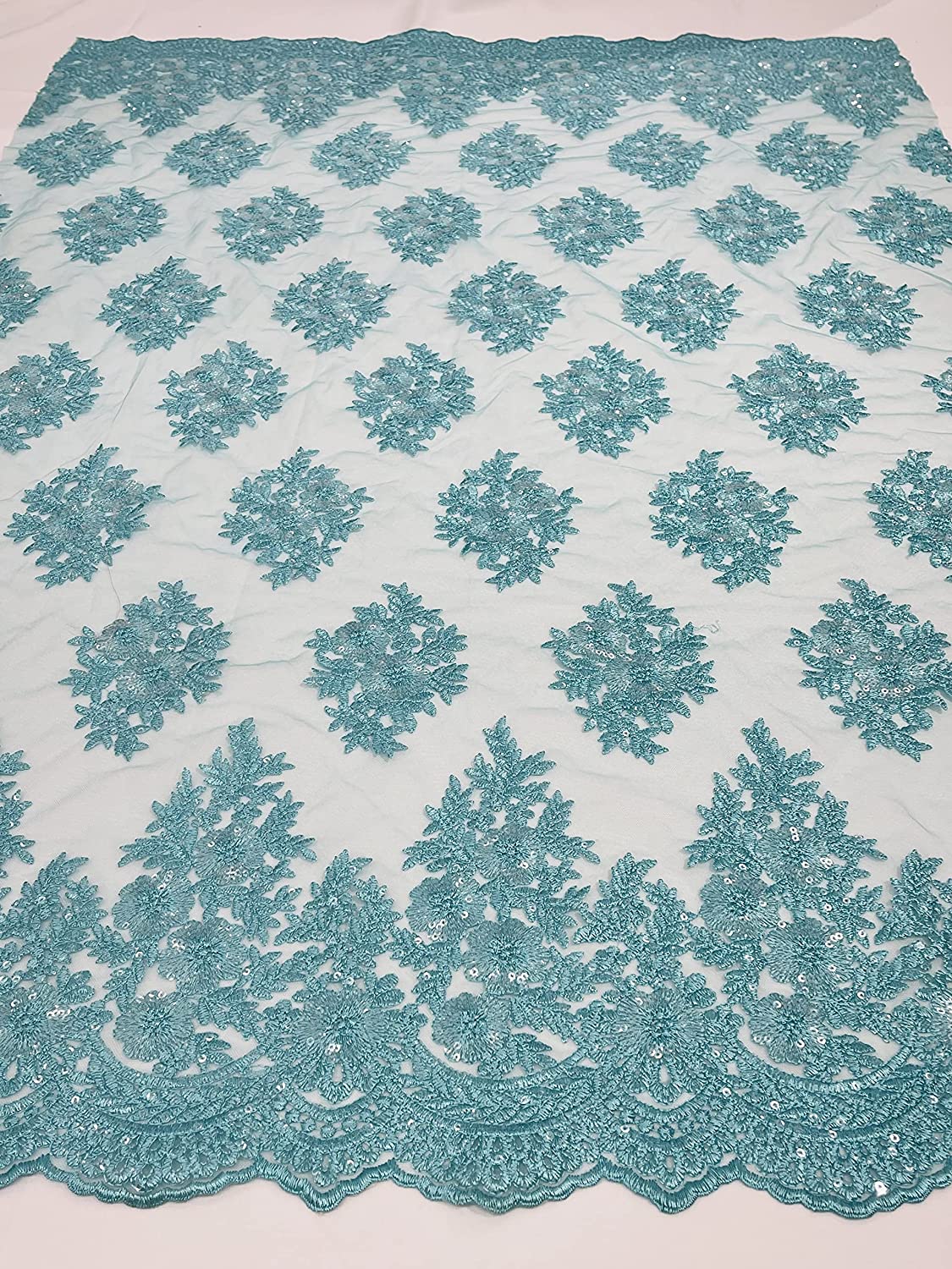 Emma Design Floral Corded Embroider with Sequins, Solid and with Glitter Mesh Lace Fabric (1 Yard, Solid Mesh Aqua)