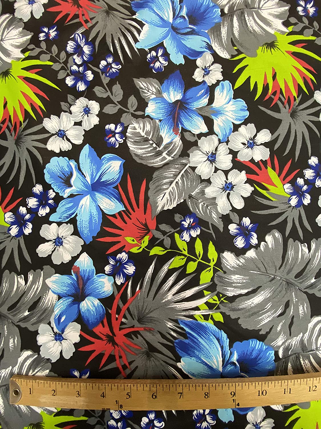 65% Polyester 35% Cotton Hawaiian Print Poly/Cotton Fabric, Good for Face Mask Covers (Grey on Black, 1 Yard)