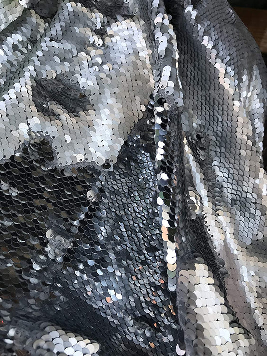 54" Wide Mermaid Flip Up Sequin Reversible Sparkly Fabric for Dress Clothing Making, Home Decor (Shiny Silver & Matt Silver, by The Yard)