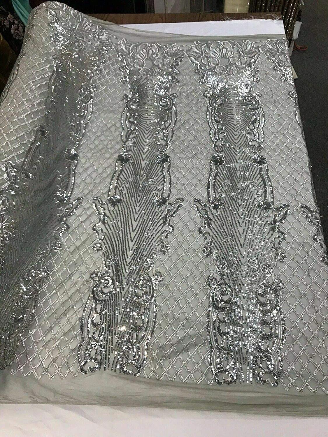 SHINY GLITTER SEQUIN DAMASK DESIGN EMBROIDERY ON A 4 WAY STRETCH MESH-BY 1 YARD (By the Yard GLITTER SEQUIN SILVER/GLITTER SEQUINS)