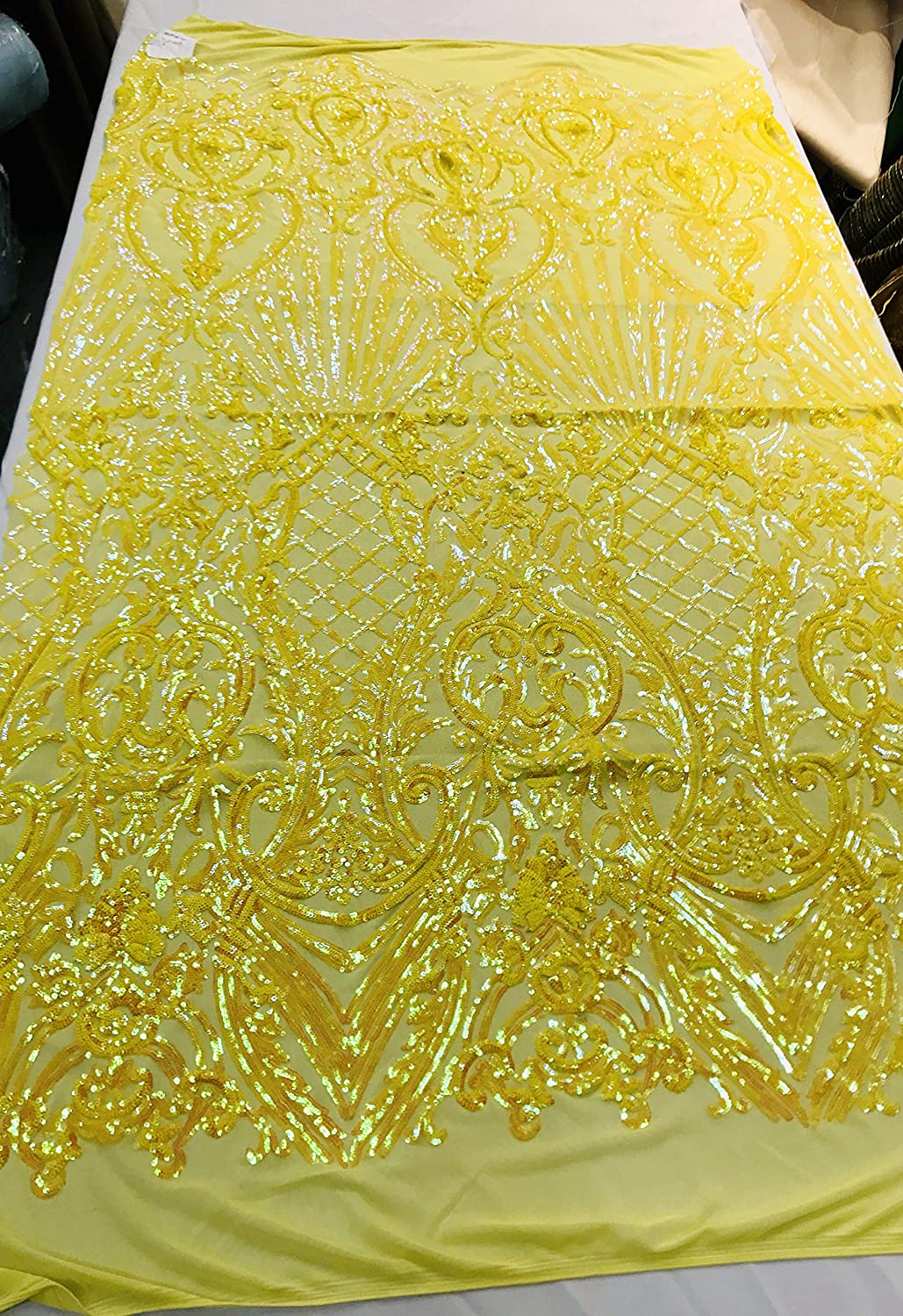Damask Sequins Design on a 4 Way Stretch Mesh Fabric - for Night Gowns - Prom Dresses - (Yellow Iridescent, 1 Yard)