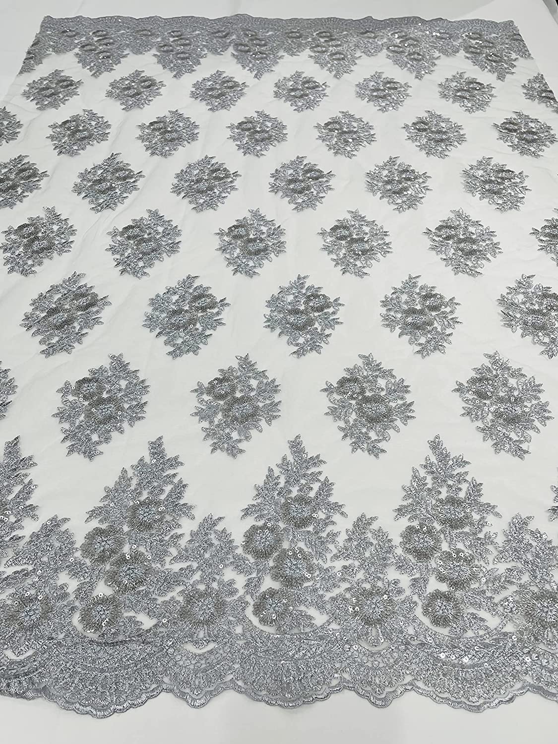 Emma Design Floral Corded Embroider with Sequins, Solid and with Glitter Mesh Lace Fabric (1 Yard, Solid Mesh Silver)