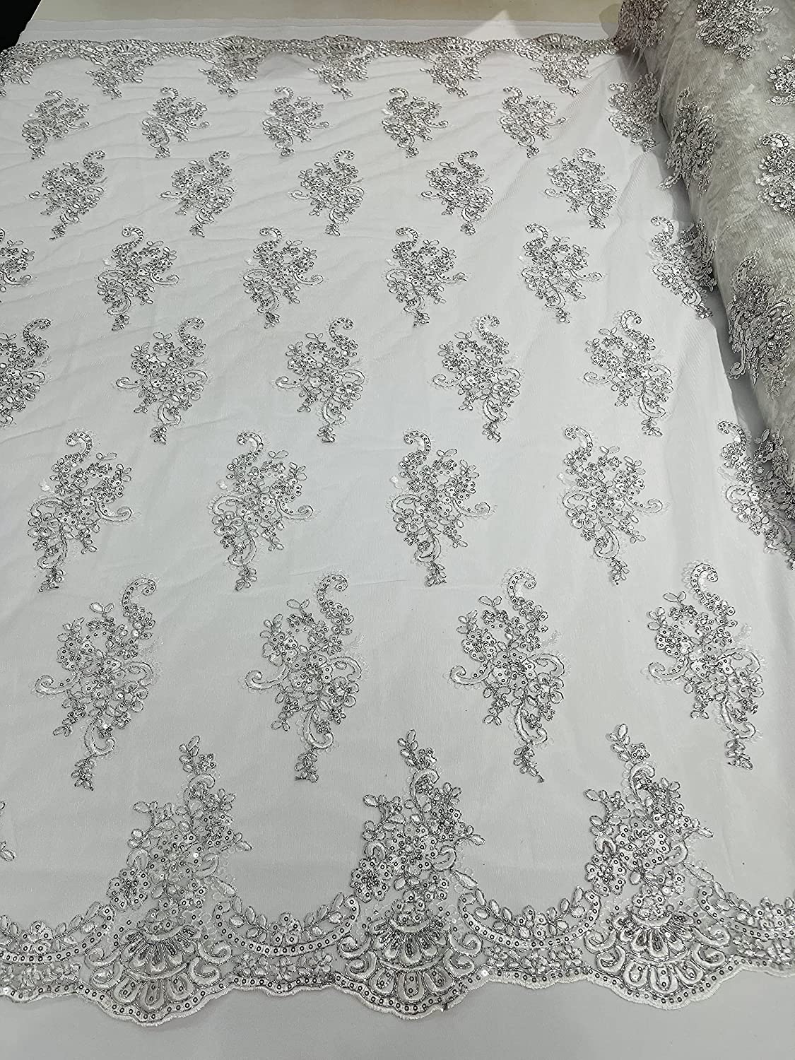 50" Wide New Floral Design Embroidery On A Mesh Lace with Sequins and Cord (1 Yard, Metallic White & Silver)