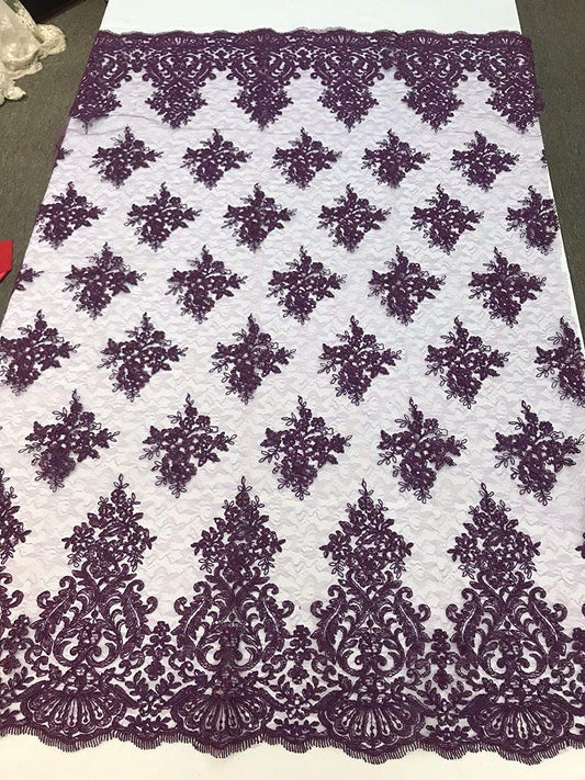 PLUM-PURPLE DAMASK LACE EMBROIDERY ON A TEXTURE MESH-BY YARD.