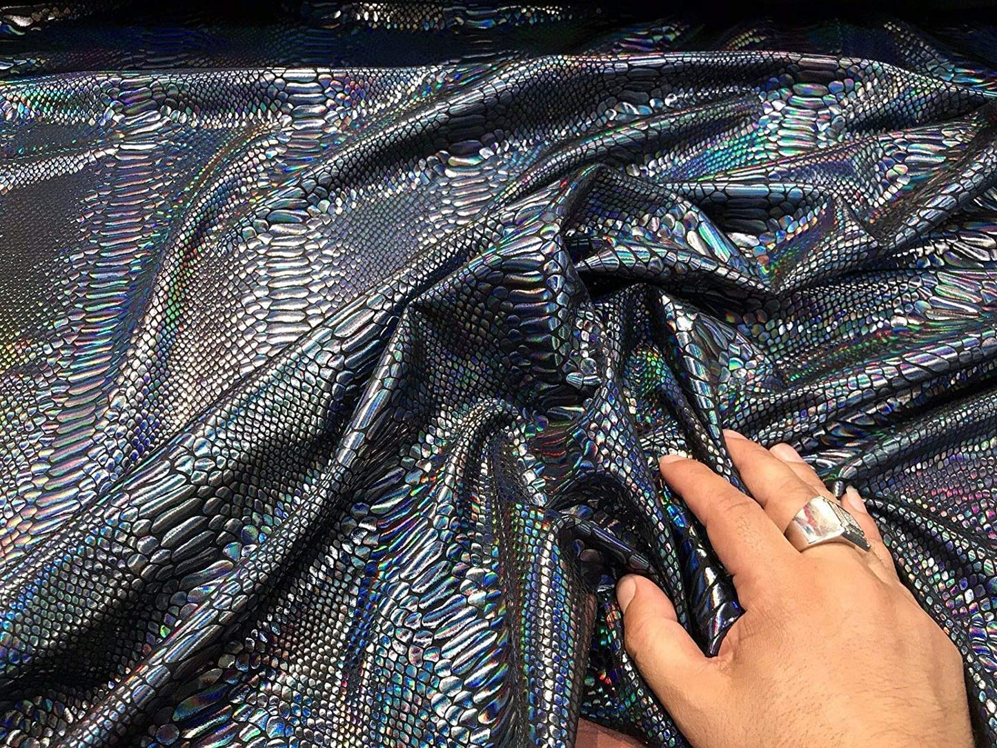 Iridescent Snake Skin Print On A Nylon 2 Way Stretch Spandex Fabric by The Yard. (Black on Black)